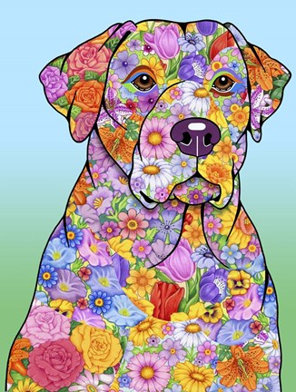 Framed Flowers Yellow Lab Print