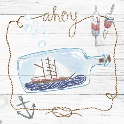Framed Ship in a Bottle Ahoy Shiplap Print