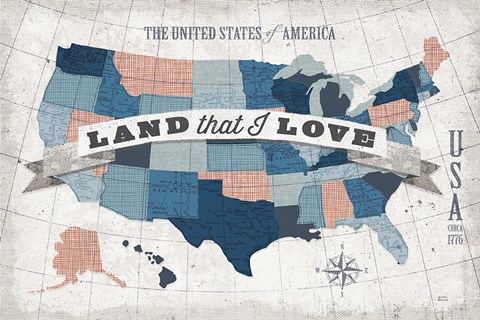 Framed USA Modern Vintage Blue Grey Red with Words Print