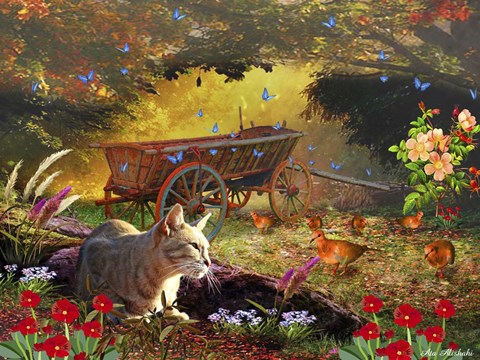 Framed Cat And Birds Print