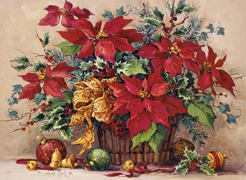 Framed Festive Poinsettia Basket Print