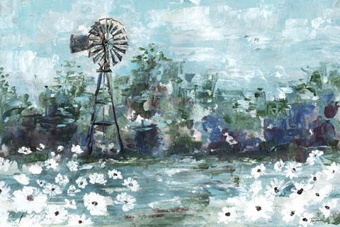Framed Windmill and Daisies Landscape Print