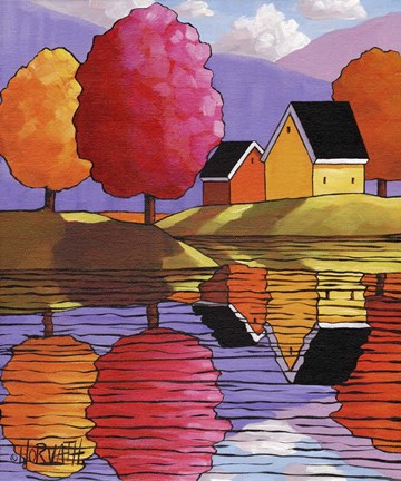 Framed Purple Mountains Colorful Trees &amp; Cottages Print