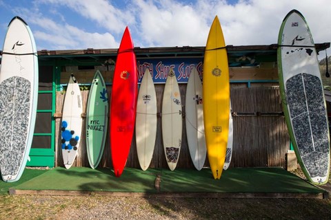 Framed Surfboards Leaning Against Beach Shack, Hawaii Print