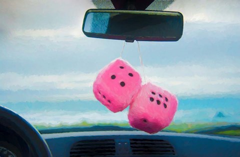 Framed Furry Dice Hanging in a Car Print