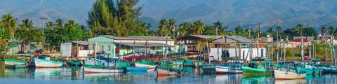 Framed Boats Moored at a Harbor, Trinidad, Cuba Print