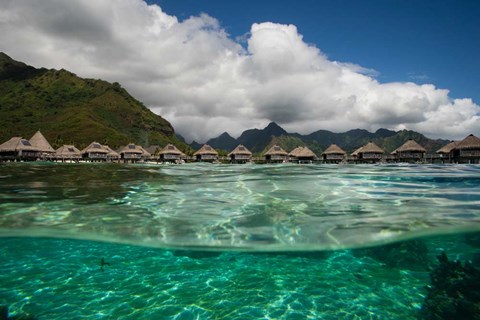 Framed Bungalows on the Beach, Moorea, Tahiti, French Polynesia Print