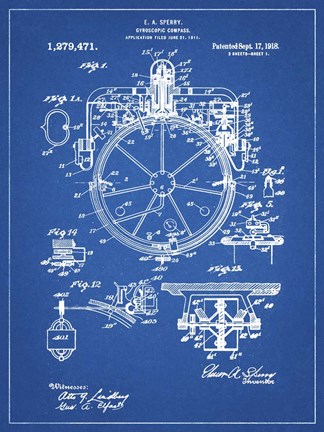 Framed Blueprint Gyrocompass Patent Print