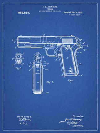Framed Blueprint Colt 1911 Semi-Automatic Pistol Patent Print