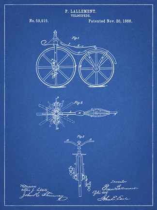 Framed Blueprint First Bicycle 1866 Patent Print