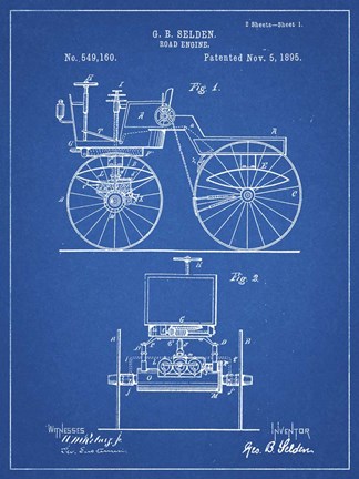 Framed Blueprint Motor Buggy 1895 Patent Print Print