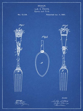 Framed Blueprint Antique Spoon and Fork Patent Print