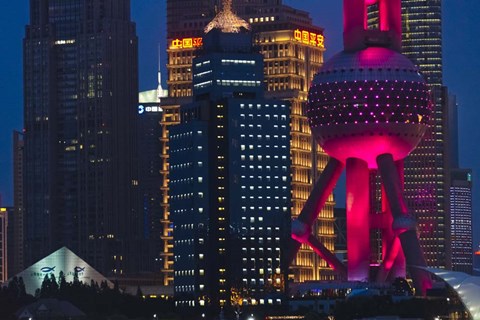 Framed Pudong Skyline dominated by Oriental Pearl TV Tower, Shanghai, China Print