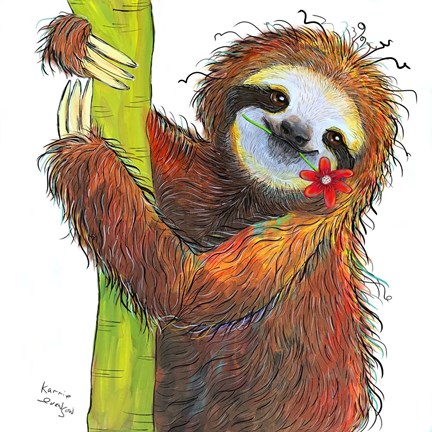Framed Sloth with Red Flower Print