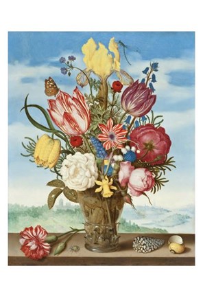 Framed Ambrosius Bosschaert, Bouquet of Flowers on a Ledge Print