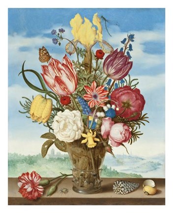 Framed Ambrosius Bosschaert, Bouquet of Flowers on a Ledge Print
