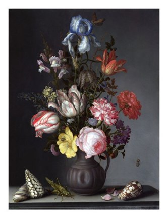 Framed Balthasar van der Ast, Flowers in a Vase with Shells and Insects Print