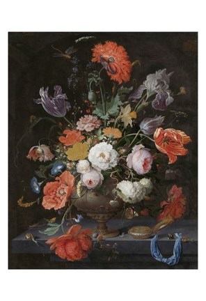 Framed Abraham Mignon, Still Life with Flowers and a Watch Print