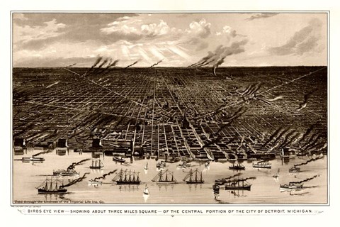 Framed Birds Eye View Of Detroit Michigan 1889 Print