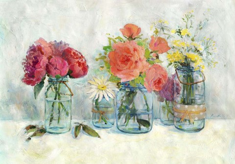 Framed Flowers In Mason Jars Print
