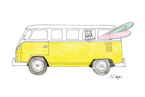 Framed Yellow Van with Pink and Green Surfboards Print