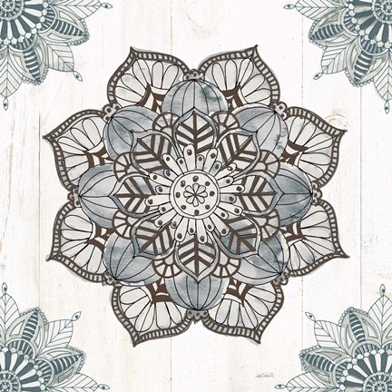 Framed Mandala Morning V Blue and Gray v2 Print