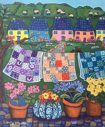 Framed Sheepish Hillsides with Cottages and Quilts Print