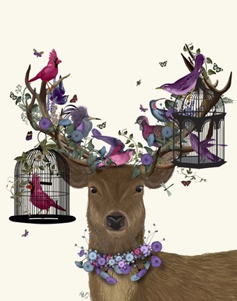 Framed Deer Birdkeeper, Tropical Bird Cages Print