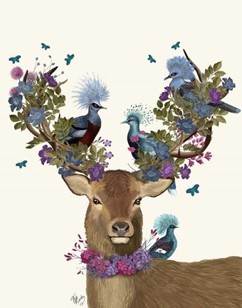 Framed Deer Birdkeeper, Blue Pigeons Print