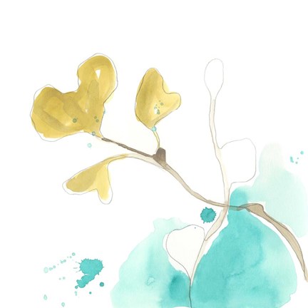 Framed Teal and Ochre Ginko V Print