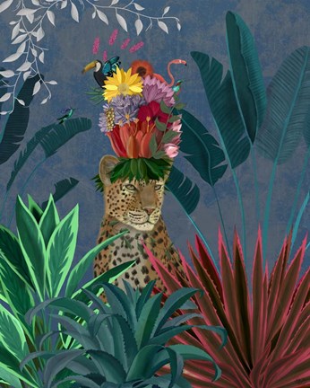Framed Leopard with Headdress Print
