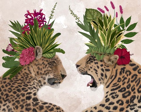 Framed Hot House Leopards, Pair, Pink Green Print