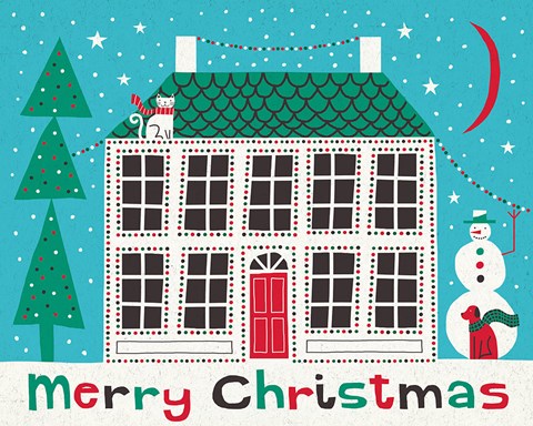 Framed Jolly Holiday Home on Blue Merry Christmas Print