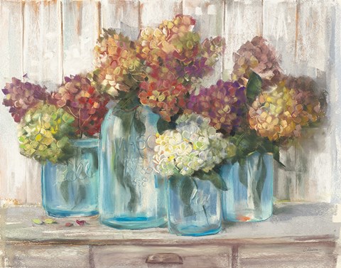 Framed Hydrangeas in Glass Jars White Wood Print