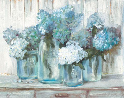 Framed Hydrangeas in Glass Jars Blue Print