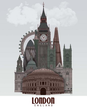 Framed London in Clouds Red and Green Print