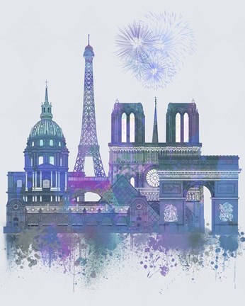 Framed Paris Skyline Watercolour Splash Blue Print