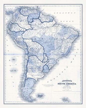 Framed South America in Shades of Blue Print