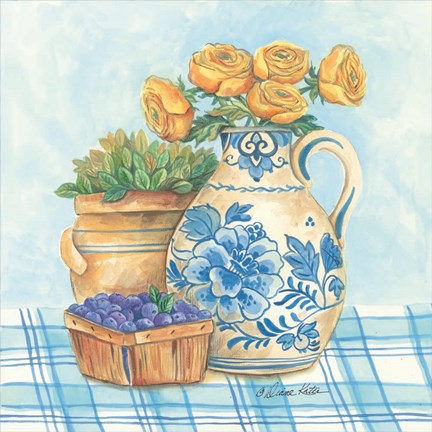 Framed Blue and White Pottery with Flowers II Print