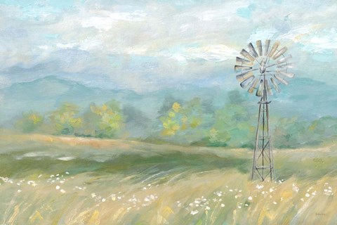 Framed Country Meadow Windmill Landscape Print