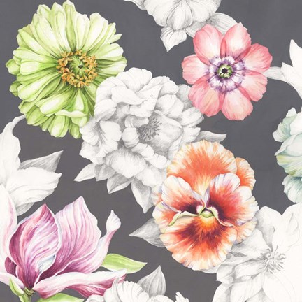 Framed Floral Sketch on Grey Print