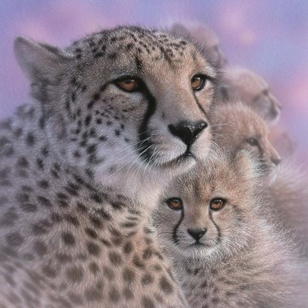 Framed Cheetah Mother and Cubs - Mother&#39;s Love - Square Print