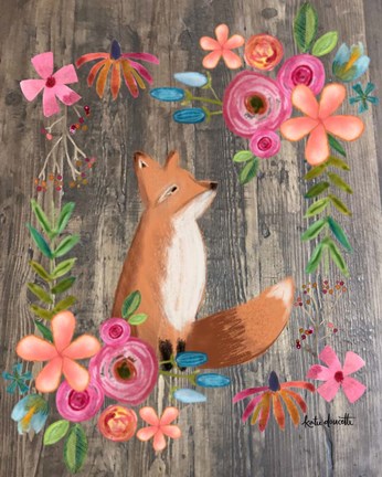Framed Floral Fox on Wood Print