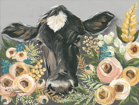 Framed Cow in the Flower Garden Print