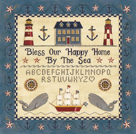 Framed Bless our Happy Home by the Sea Sampler Print