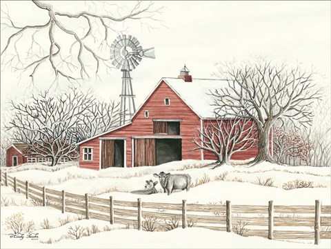 Framed Winter Barn with Windmill Print