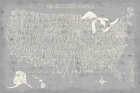 Framed Hand Lettered USA Map Gray Print