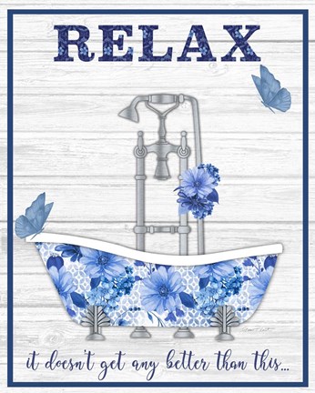Framed Blue Floral Bath Art A Print