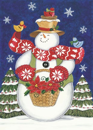 Framed Snowman with Poinsettias Print