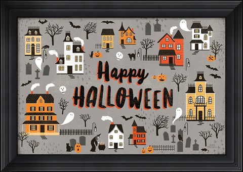 Framed Spooky Village I Gray Print